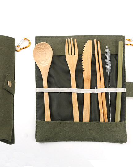 Portable bamboo cutlery bag set