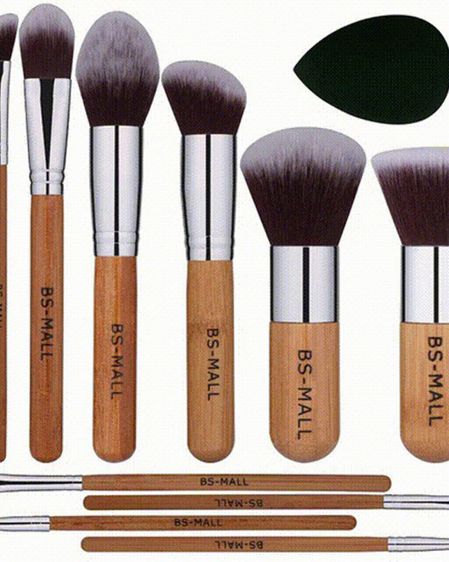 11Pcs Bamboo Makeup Brush Set, Synthetic Kabuki Makeup Brush Set With Storage Bag And Makeup Sponge, USPS Shipping