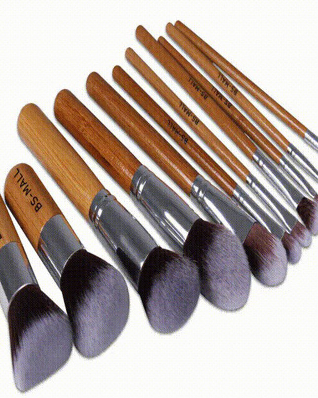 11Pcs Bamboo Makeup Brush Set, Synthetic Kabuki Makeup Brush Set With Storage Bag And Makeup Sponge, USPS Shipping