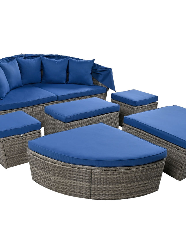 GO Outdoor Rattan Daybed Sunbed With Retractable Canopy Wicker Furniture, Round Outdoor Sectional So