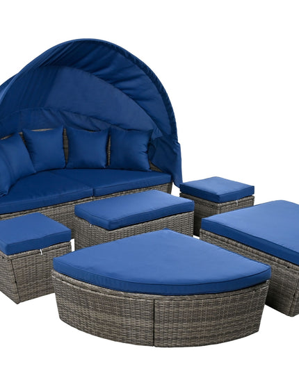 GO Outdoor Rattan Daybed Sunbed With Retractable Canopy Wicker Furniture, Round Outdoor Sectional So