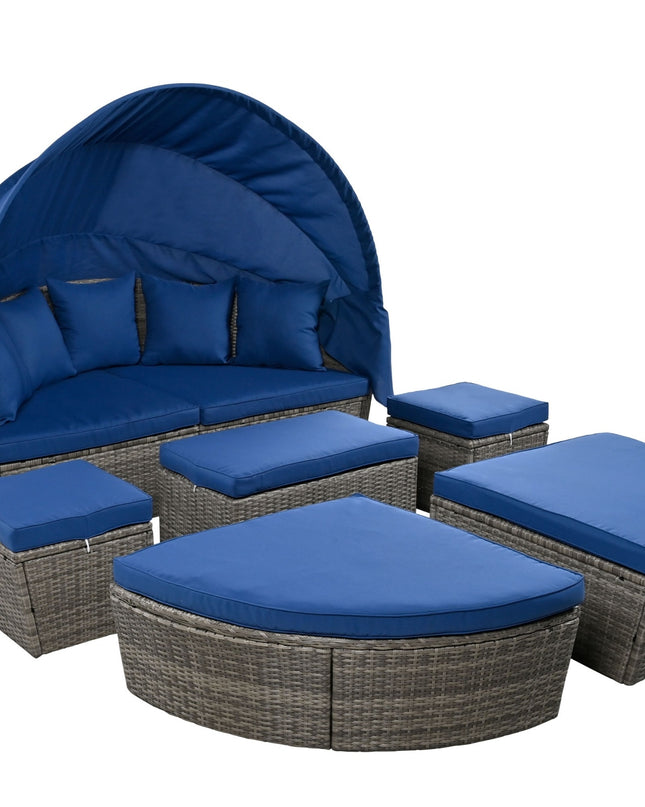 GO Outdoor Rattan Daybed Sunbed With Retractable Canopy Wicker Furniture, Round Outdoor Sectional So
