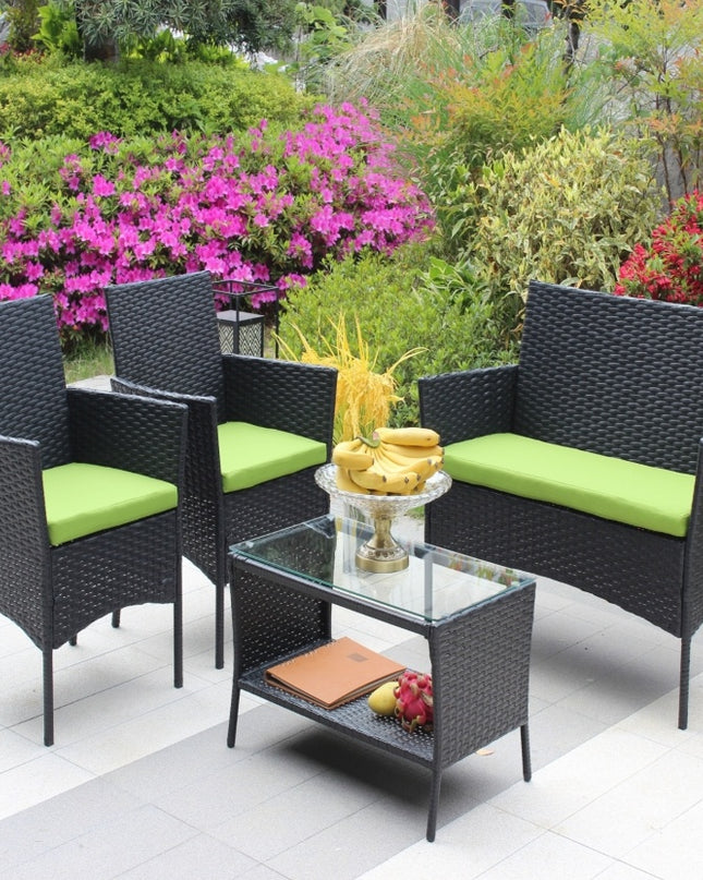 4PC Rattan Patio Furniture Set Outdoor Wicker Sofa W  Green Cushions