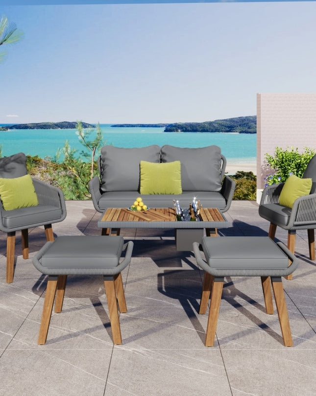 K&K 6-Piece Rope Patio Furniture Set, Outdoor Furniture With Acacia Wood Cool Bar Table With Ice Buc
