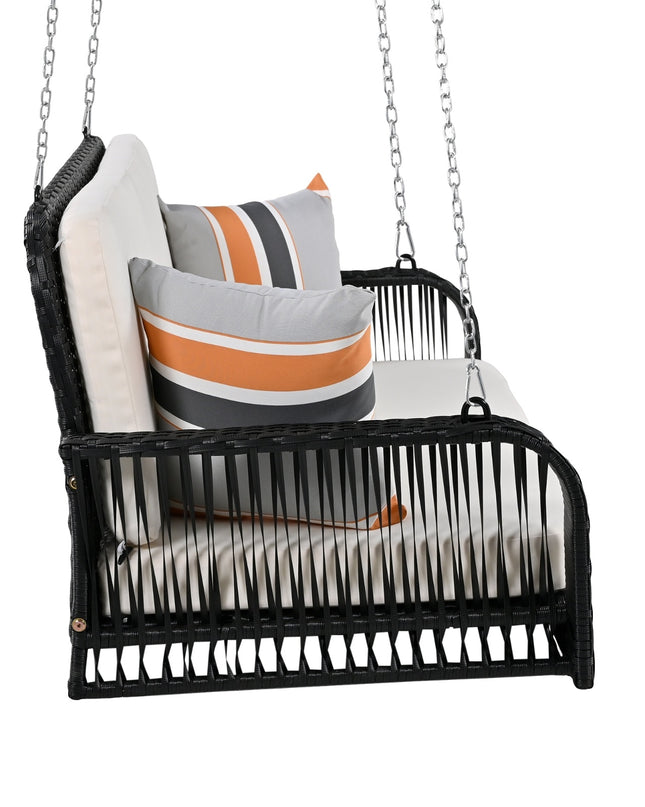 GO PE Wicker Porch Swing, 2-Seater Hanging Bench With Chains, Patio Furniture Swing For