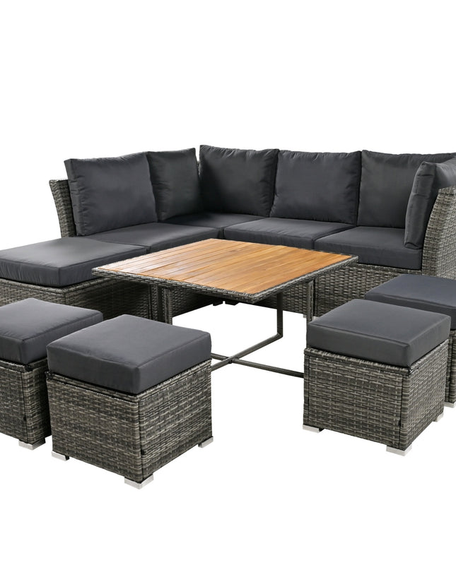 U STYLE Patio Furniture Set, 10 Piece Outdoor Conversation Set, CoffeeTable With Ottomans, Solid Woo
