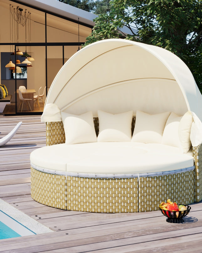 TOPMAX Patio Furniture Round Outdoor Sectional Sofa Set Rattan Daybed Two-Tone Weave Sunbed With Ret
