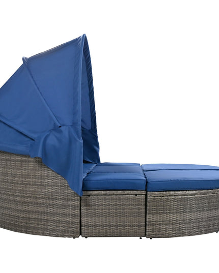 GO Outdoor Rattan Daybed Sunbed With Retractable Canopy Wicker Furniture, Round Outdoor Sectional So