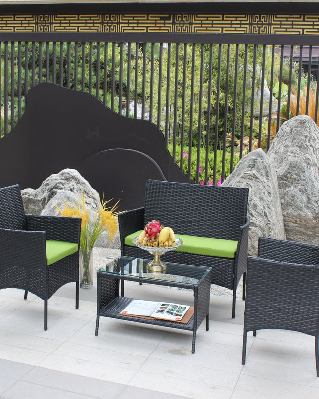 4PC Rattan Patio Furniture Set Outdoor Wicker Sofa W  Green Cushions