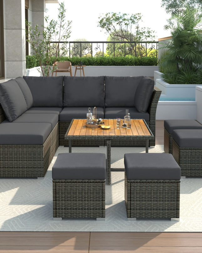 U STYLE Patio Furniture Set, 10 Piece Outdoor Conversation Set, CoffeeTable With Ottomans, Solid Woo