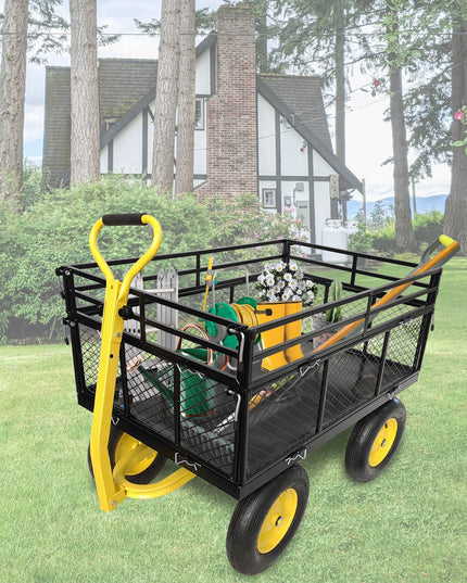 Steel Garden Cart, Heavy Duty 1400 Lbs Capacity, With Removable Mesh Sides To Convert Into Flatbed, Utility Metal Wagon With 2-in-1 Handle And 16 In Tires, Perfect For Garden, Farm, Yard