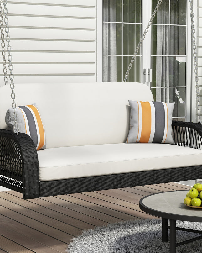 GO PE Wicker Porch Swing, 2-Seater Hanging Bench With Chains, Patio Furniture Swing For