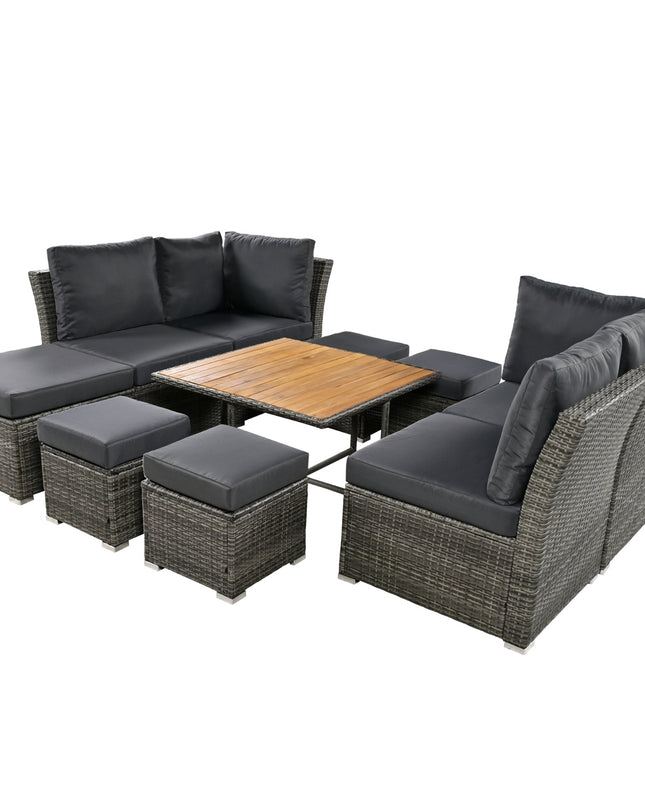 U STYLE Patio Furniture Set, 10 Piece Outdoor Conversation Set, CoffeeTable With Ottomans, Solid Woo