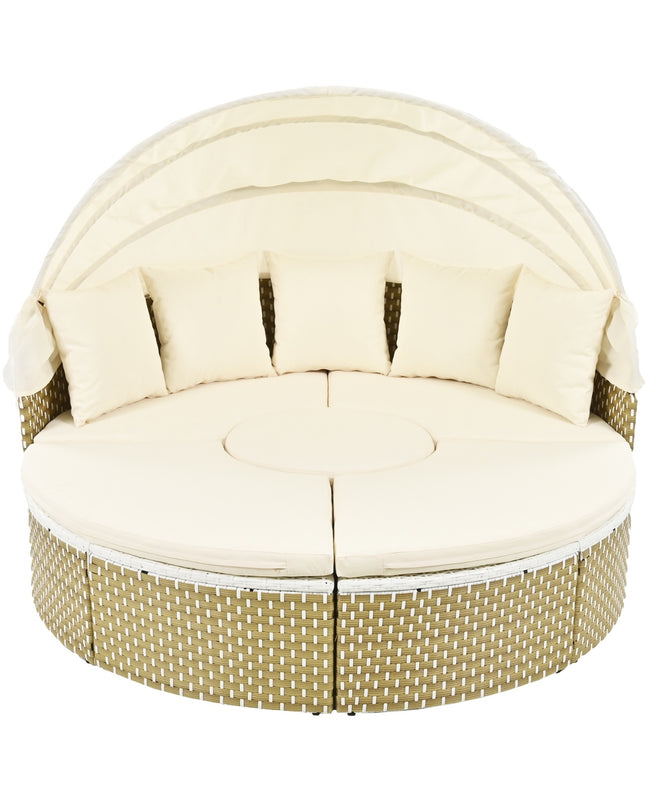 TOPMAX Patio Furniture Round Outdoor Sectional Sofa Set Rattan Daybed Two-Tone Weave Sunbed With Ret