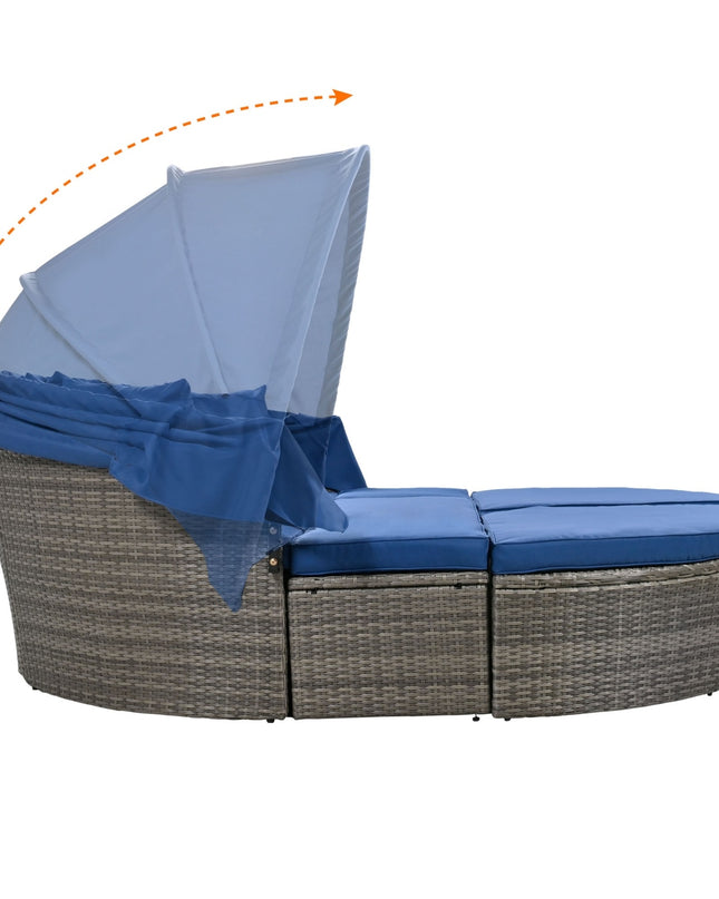 GO Outdoor Rattan Daybed Sunbed With Retractable Canopy Wicker Furniture, Round Outdoor Sectional So