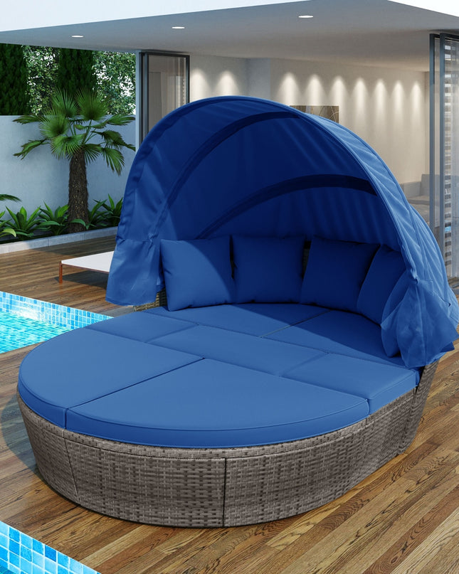 GO Outdoor Rattan Daybed Sunbed With Retractable Canopy Wicker Furniture, Round Outdoor Sectional So