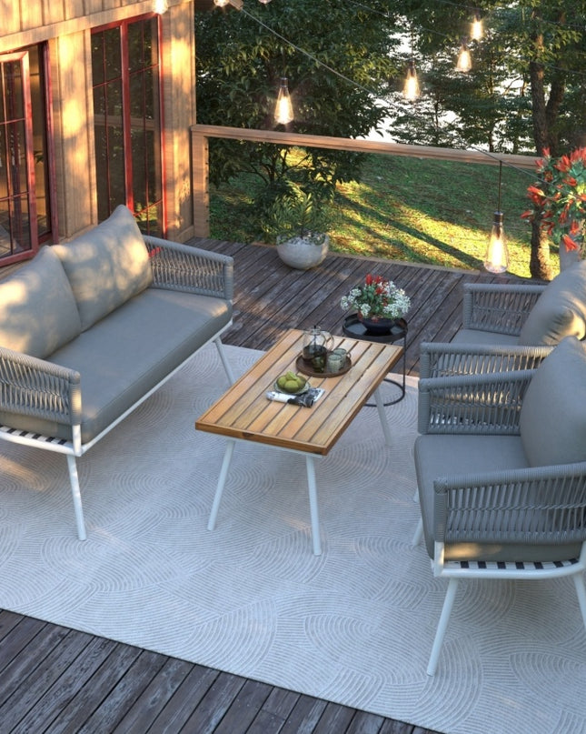 K&K 4-Piece Boho Rope Patio Furniture Set, Outdoor Furniture With Acacia Wood Table, Patio Conversat
