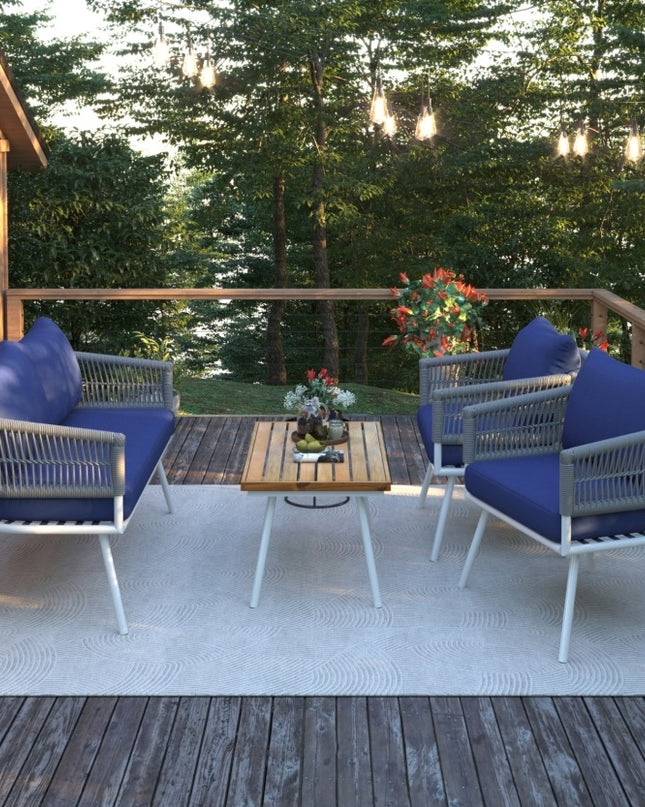 K&K 4-Piece Boho Rope Patio Furniture Set, Outdoor Furniture With Acacia Wood Table, Patio Conversat