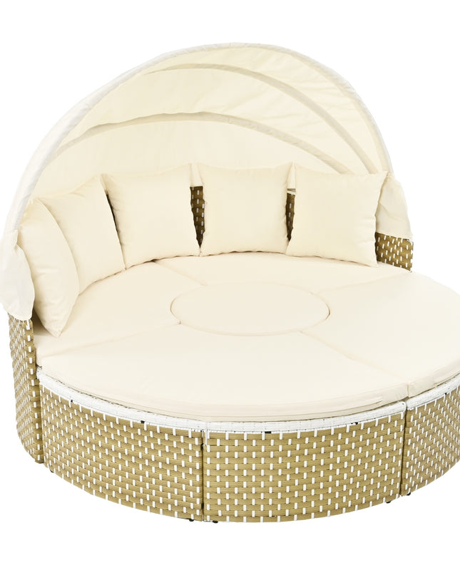 TOPMAX Patio Furniture Round Outdoor Sectional Sofa Set Rattan Daybed Two-Tone Weave Sunbed With Ret