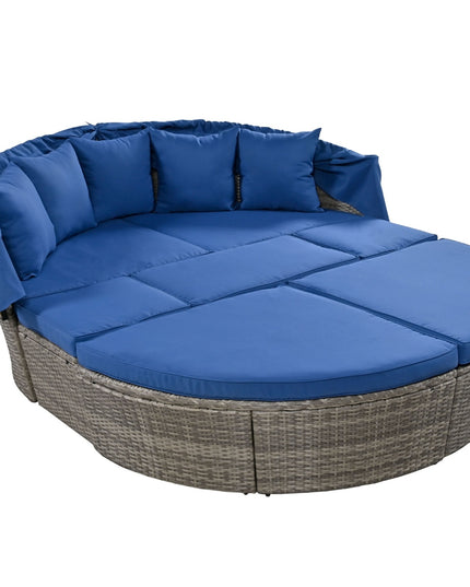 GO Outdoor Rattan Daybed Sunbed With Retractable Canopy Wicker Furniture, Round Outdoor Sectional So