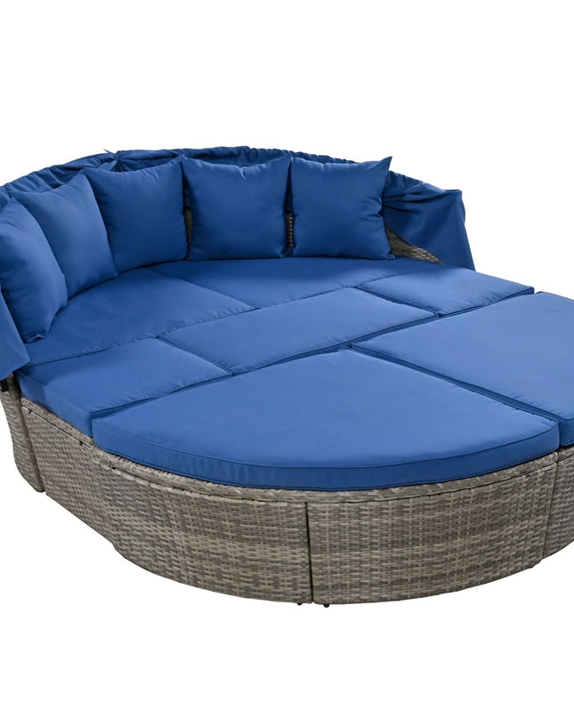GO Outdoor Rattan Daybed Sunbed With Retractable Canopy Wicker Furniture, Round Outdoor Sectional So