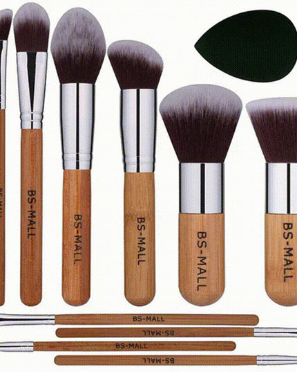 11Pcs Bamboo Makeup Brush Set, Synthetic Kabuki Makeup Brush Set With Storage Bag And Makeup Sponge, USPS Shipping