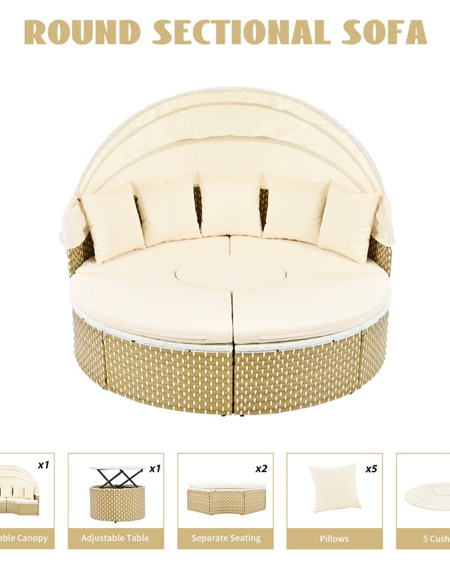 TOPMAX Patio Furniture Round Outdoor Sectional Sofa Set Rattan Daybed Two-Tone Weave Sunbed With Ret