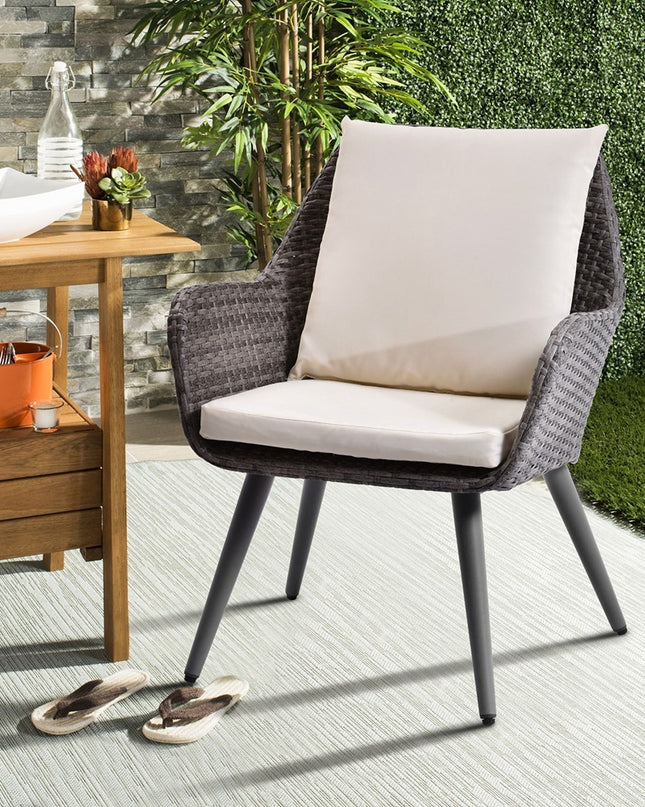 Outdoor Wicker Dining Chair PE Rattan Accent Chair with Beige Cushion Patio Garden Furniture