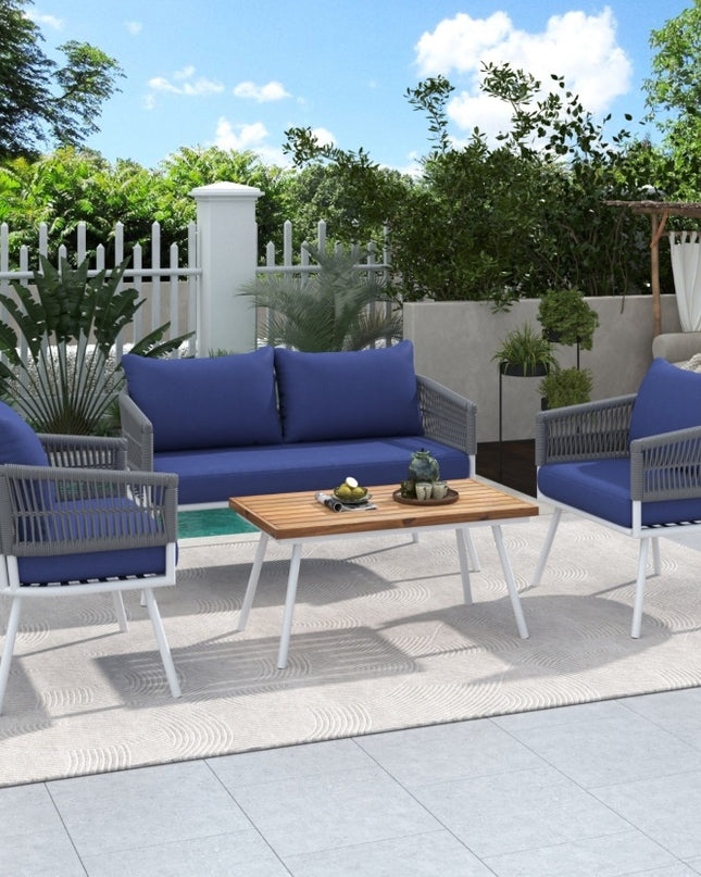 K&K 4-Piece Boho Rope Patio Furniture Set, Outdoor Furniture With Acacia Wood Table, Patio Conversat