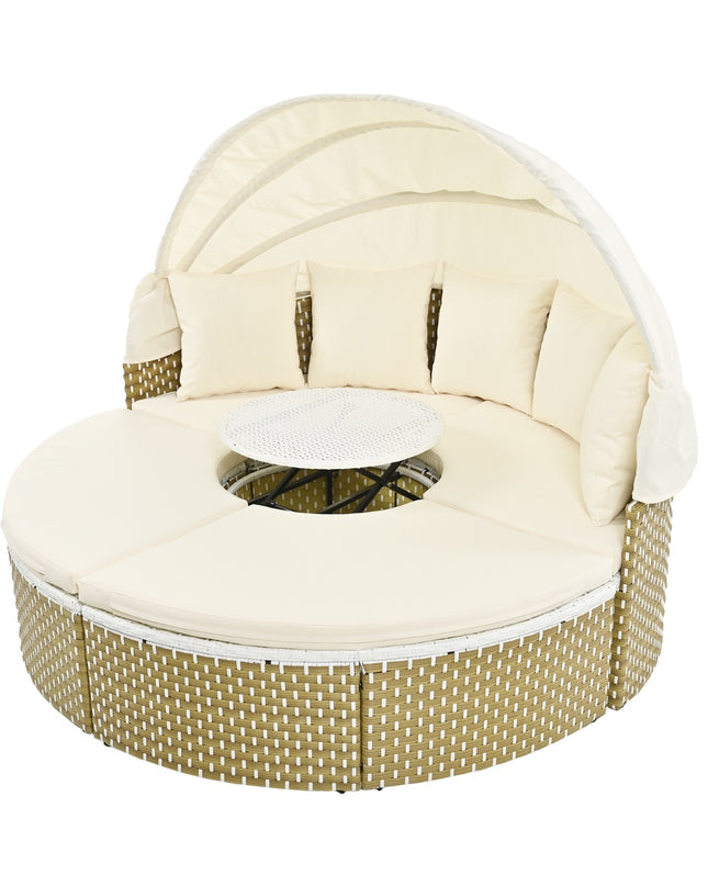 TOPMAX Patio Furniture Round Outdoor Sectional Sofa Set Rattan Daybed Two-Tone Weave Sunbed With Ret