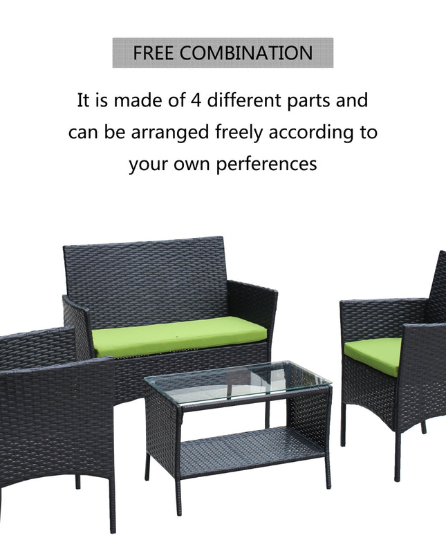 4PC Rattan Patio Furniture Set Outdoor Wicker Sofa W  Green Cushions