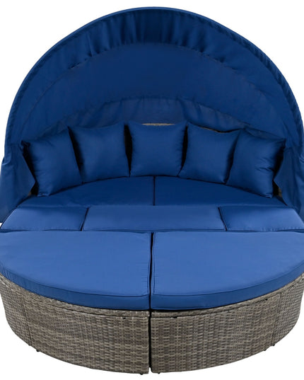 GO Outdoor Rattan Daybed Sunbed With Retractable Canopy Wicker Furniture, Round Outdoor Sectional So