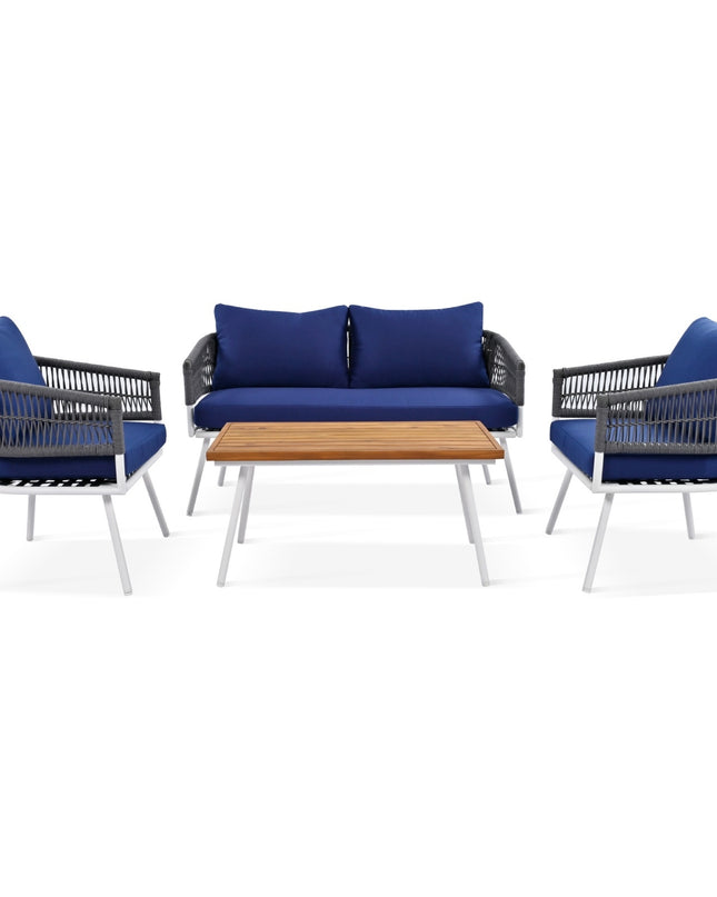 K&K 4-Piece Boho Rope Patio Furniture Set, Outdoor Furniture With Acacia Wood Table, Patio Conversat
