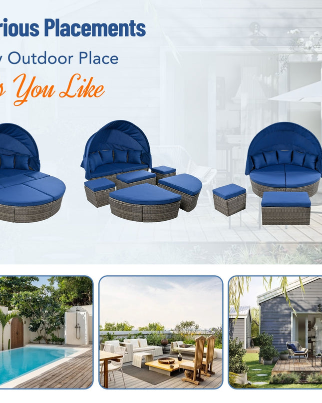 GO Outdoor Rattan Daybed Sunbed With Retractable Canopy Wicker Furniture, Round Outdoor Sectional So