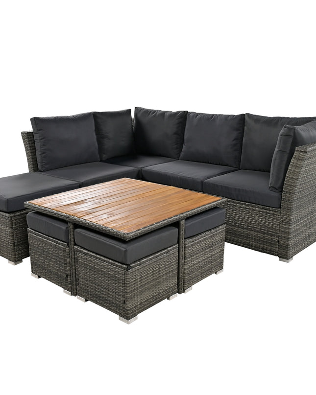 U STYLE Patio Furniture Set, 10 Piece Outdoor Conversation Set, CoffeeTable With Ottomans, Solid Woo