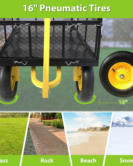 Steel Garden Cart, Heavy Duty 1400 Lbs Capacity, With Removable Mesh Sides To Convert Into Flatbed, Utility Metal Wagon With 2-in-1 Handle And 16 In Tires, Perfect For Garden, Farm, Yard