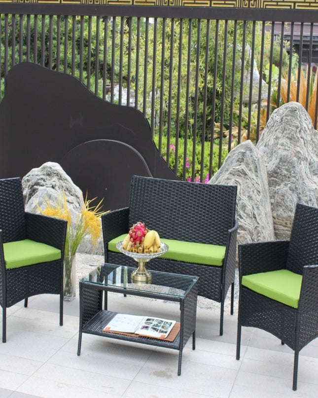 4PC Rattan Patio Furniture Set Outdoor Wicker Sofa W  Green Cushions