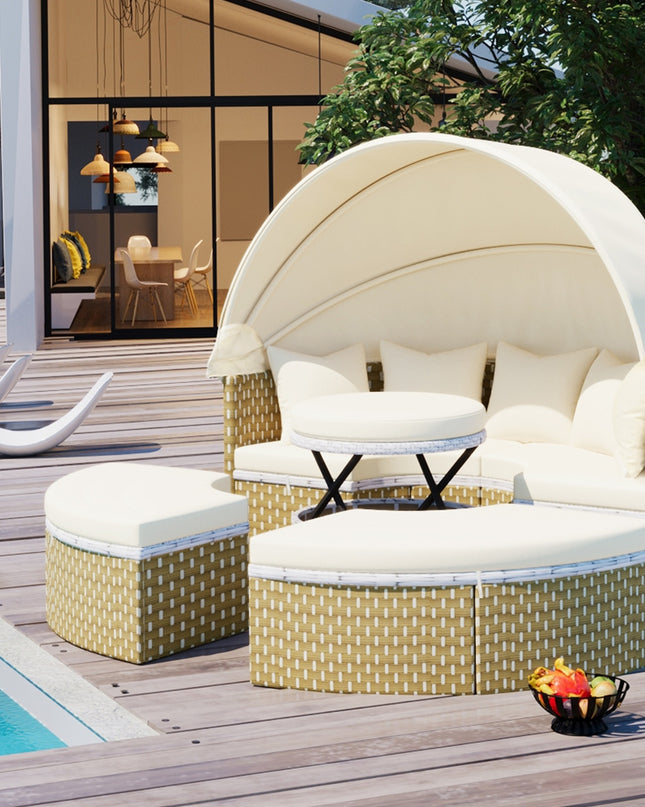 TOPMAX Patio Furniture Round Outdoor Sectional Sofa Set Rattan Daybed Two-Tone Weave Sunbed With Ret
