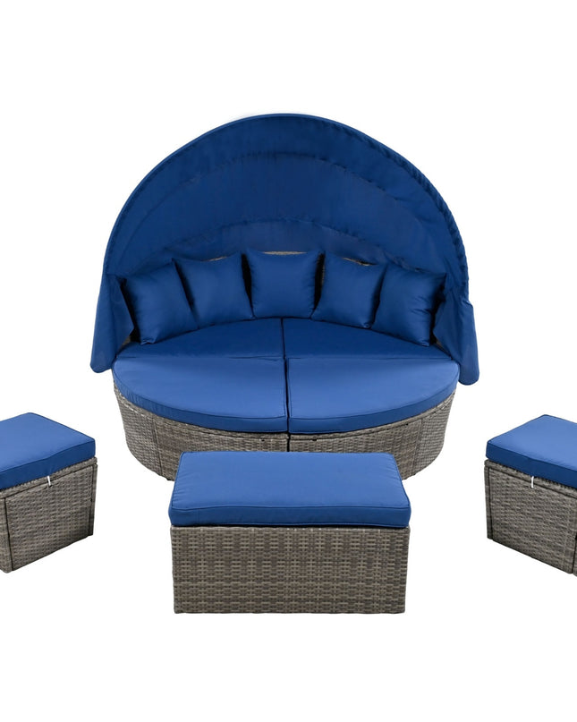 GO Outdoor Rattan Daybed Sunbed With Retractable Canopy Wicker Furniture, Round Outdoor Sectional So