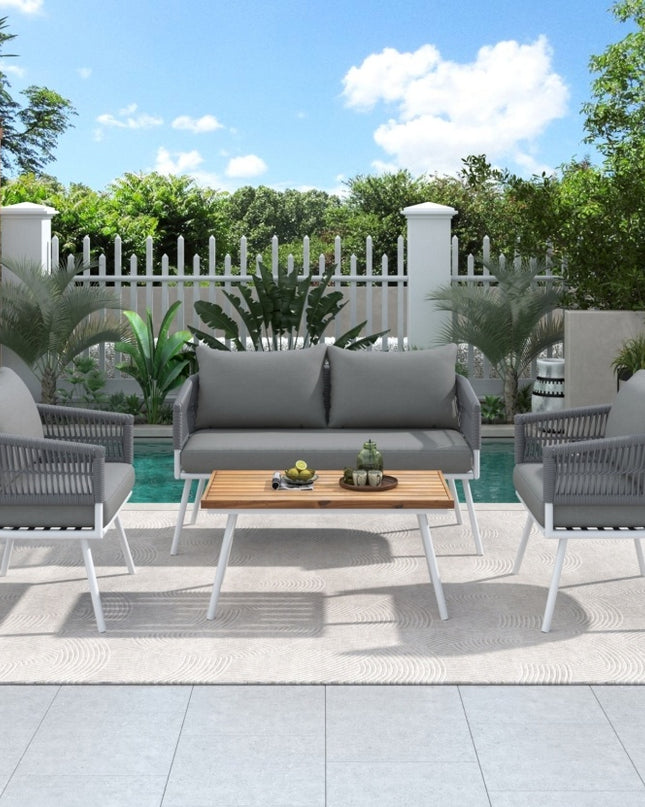 K&K 4-Piece Boho Rope Patio Furniture Set, Outdoor Furniture With Acacia Wood Table, Patio Conversat
