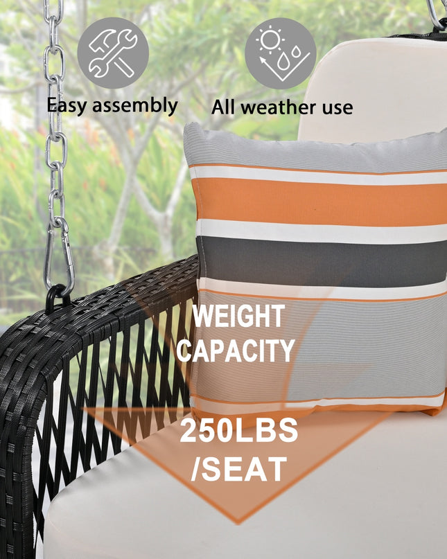 GO PE Wicker Porch Swing, 2-Seater Hanging Bench With Chains, Patio Furniture Swing For